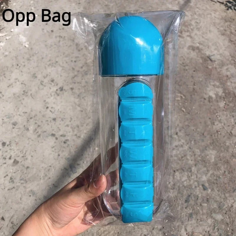 2 in 1 600ml 7 Grids Medicine Box Water Cup Sports Plastic Water Bottle Combine Daily Pill Boxes Organizer Drinking Bottles