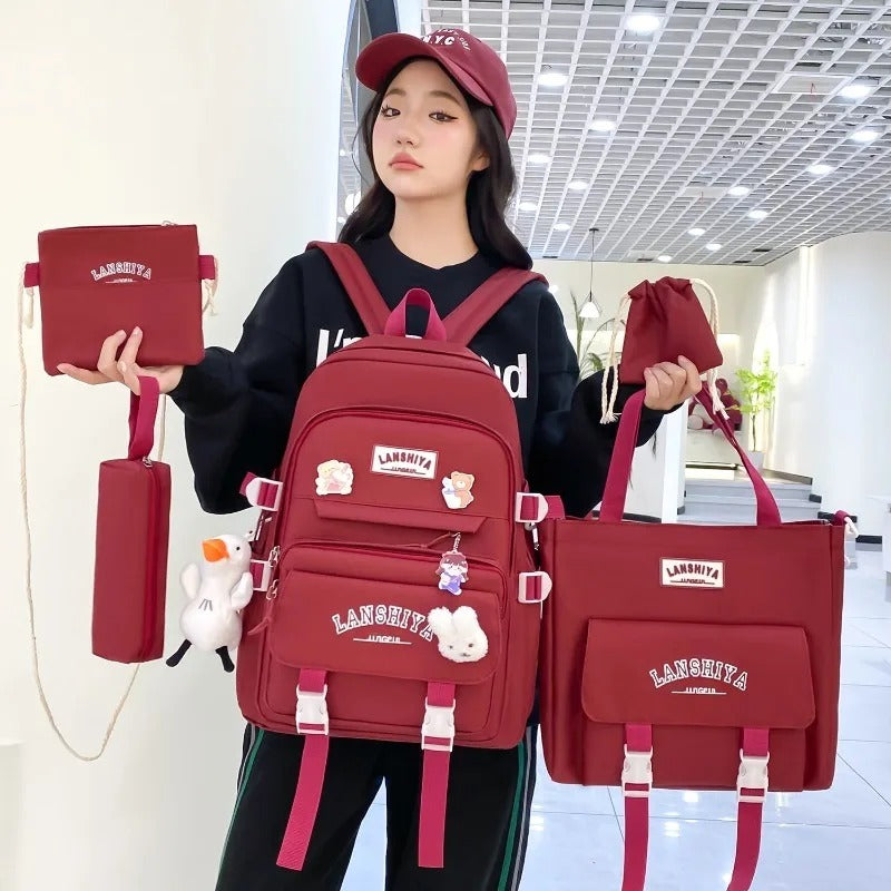 5-piece Set of Free Pendants Forest Style Korean Version Casual Harajuku Student Backpack for High School Girls Large Capacity