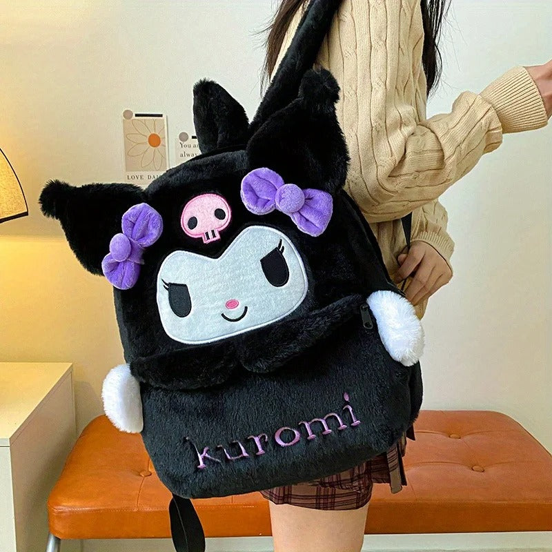 Kawaii Sanrio Plush Backpack - Soft Faux Fur, Cartoon Character Design, Adjustable Shoulder Straps, Spacious Interior Travel