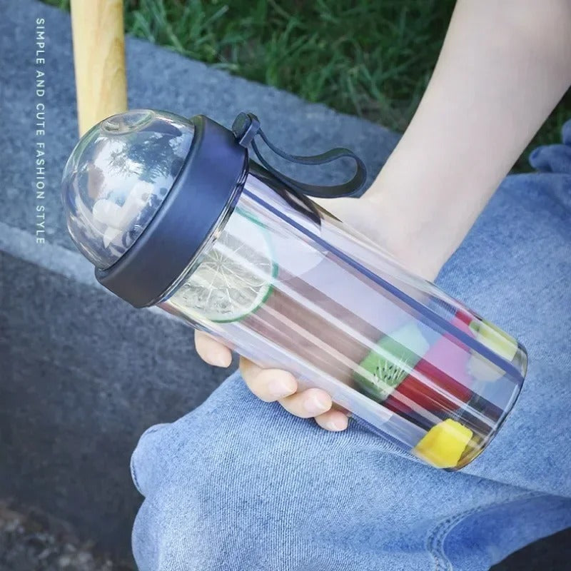 420/600ml Double Drinking Bottle Cute Girl Student Outdoor Double Straw Cup with Handle Portable Plastic Water Bottle